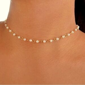 new • dainty pearl & gold tone choker necklace